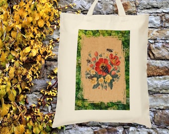 Botanical Print Canvas Tote Bag, Cottagecore Book Bag, Eco-Friendly Tote, Bee Floral Book Bag, Forest Moss Flower Bag, Book Lover Gift