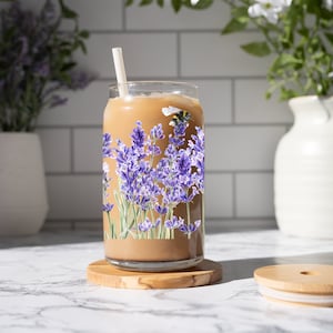 Iced Coffee Glass w/ Lavender Flowers and Bees, 16oz Size Cup w/Bamboo Lid & Straw, Coffee/Iced Tea Lover Gift, Cute Summer Drink Tumbler