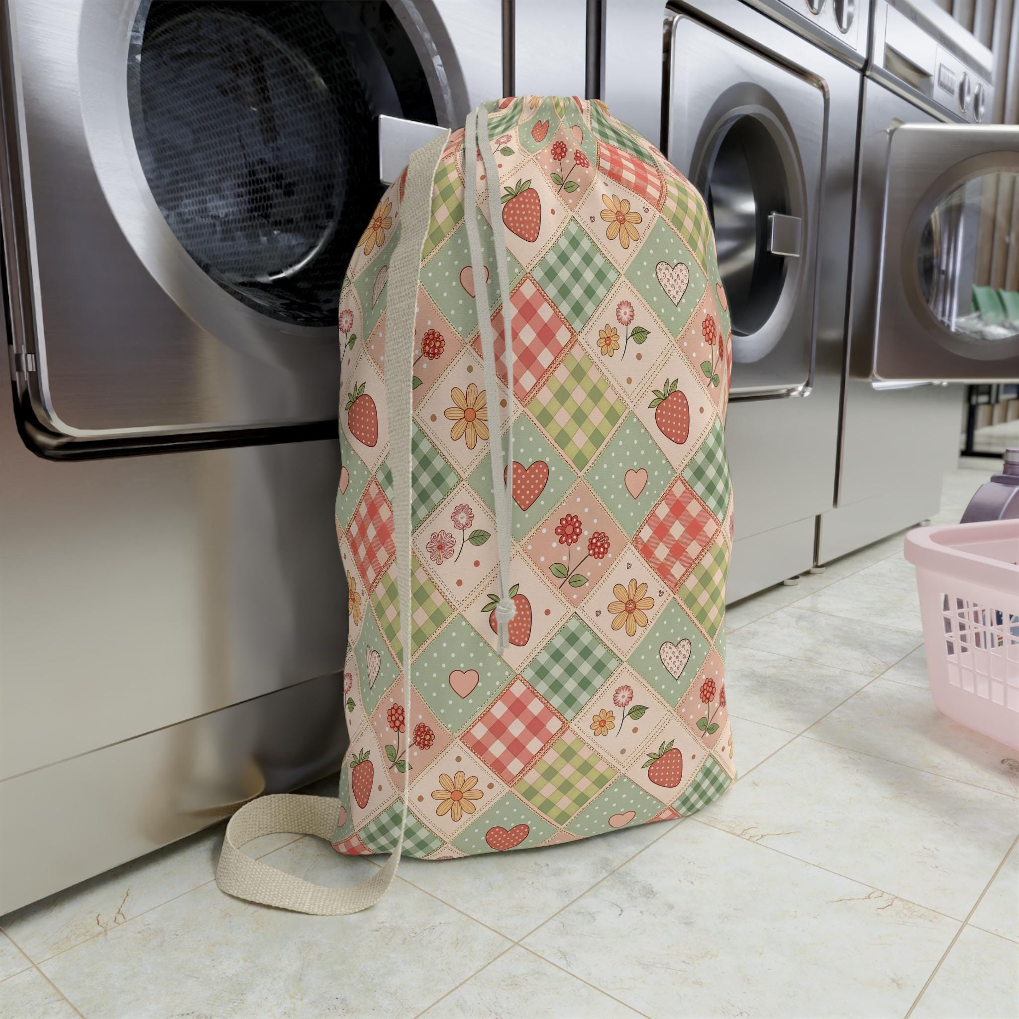 Strawberry Laundry Bag, Hearts, Gingham Pastel, Floral Design, Cottagecore Dorm Decor, Pink Coquette Clothes Bag, Back to School Gift