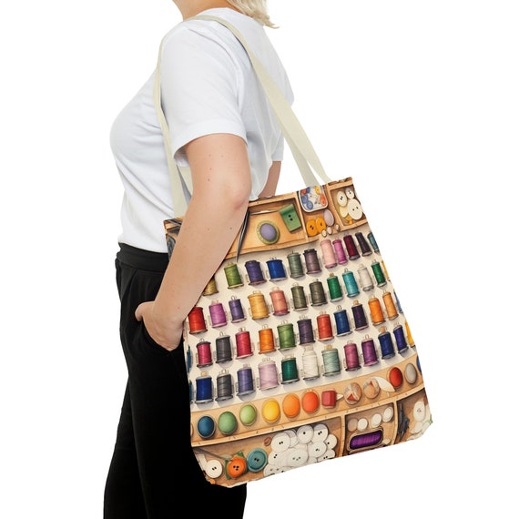 Sewing Tote Bag, Colorful Thread, Buttons, Notions, Quilt Lover Bag, Project Tote, 3 Sizes, Book Bag, Durable, Multi-Use Shopping Tote