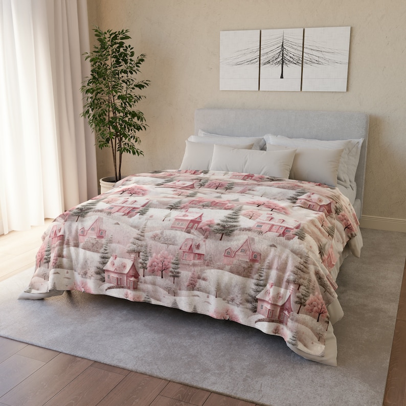 Pretty Pastel Pink Christmas Snow Village Scene Blanket, Minky Blanket, Cozy Holiday Gift, Winter Forest Town, Super Soft Seasonal Decor image 5