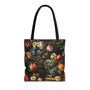 Book Lover Tote Bag, Roses and Flowers Adorning Stacks of Books, Dark Academia Vibes, 3 Sizes, Homework Book Bag, Multi-Use Shopping Tote image 9
