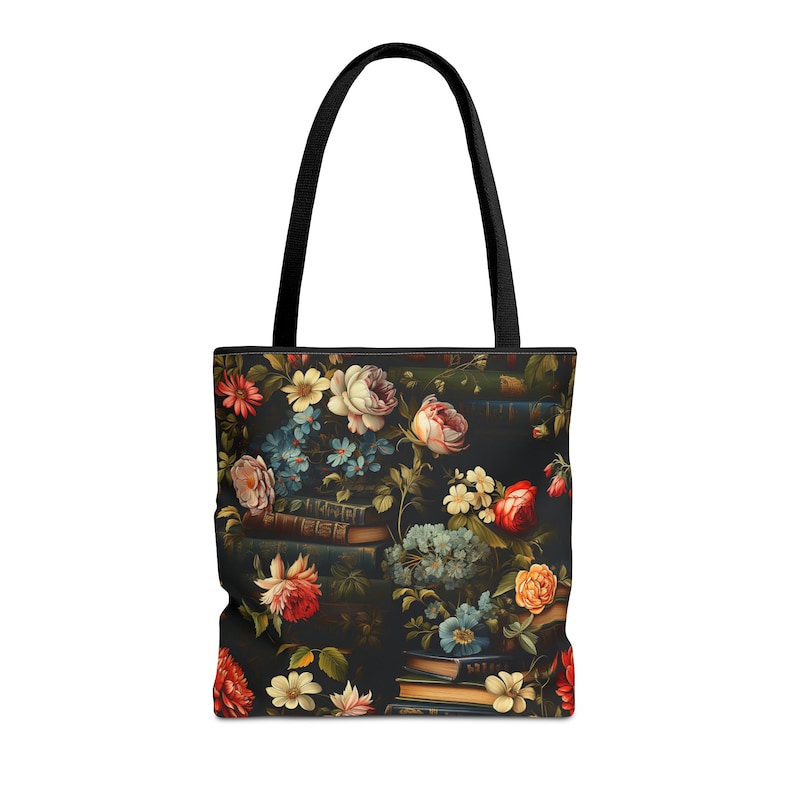 Book Lover Tote Bag, Roses and Flowers Adorning Stacks of Books, Dark Academia Vibes, 3 Sizes, Homework Book Bag, Multi-Use Shopping Tote image 9
