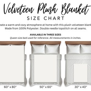 May include: A size chart for a velveteen plush blanket, showing three sizes: 60 inches by 80 inches, 50 inches by 60 inches, and 30 inches by 40 inches. The blanket is made from 100% polyester and has double needle topstitching on all seams.