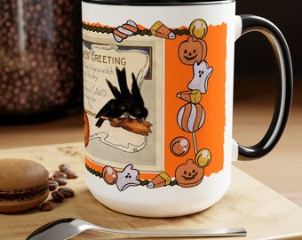 Cute Witch Mug, Vintage Retro Halloween Graphics on 15oz Ceramic Mug, Trick or Treat Coffee Cup Gift with 3 Color Options, Cute Fall Plaid