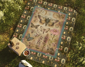 Butterfly & Moth Picnic Blanket, Water Resistant, Easy Carry Strap Handle, Beetles, Floral, Cottagecore, Dark Academia, Outdoor Blanket