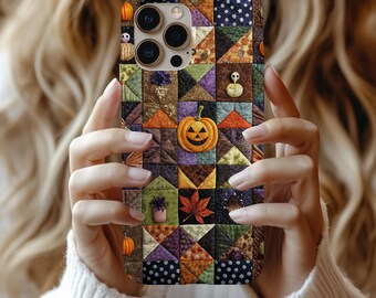Funda para iPhone 17, diseño patchwork 3D con ambiente otoñal y Halloween, resistente para Samsung, iPhone y Google, estética rústica bohemia otoñal, regalo para ella.
