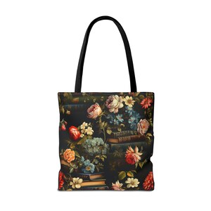 Book Lover Tote Bag, Roses and Flowers Adorning Stacks of Books, Dark Academia Vibes, 3 Sizes, Homework Book Bag, Multi-Use Shopping Tote image 3