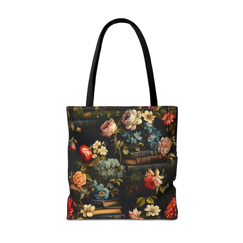 Book Lover Tote Bag, Roses and Flowers Adorning Stacks of Books, Dark Academia Vibes, 3 Sizes, Homework Book Bag, Multi-Use Shopping Tote image 3