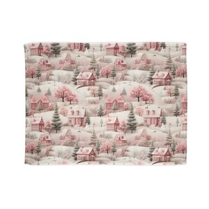 Pretty Pastel Pink Christmas Snow Village Scene Blanket, Minky Blanket, Cozy Holiday Gift, Winter Forest Town, Super Soft Seasonal Decor image 9