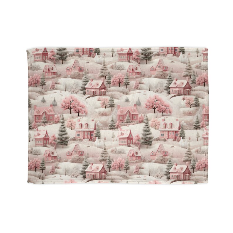 Pretty Pastel Pink Christmas Snow Village Scene Blanket, Minky Blanket, Cozy Holiday Gift, Winter Forest Town, Super Soft Seasonal Decor image 9