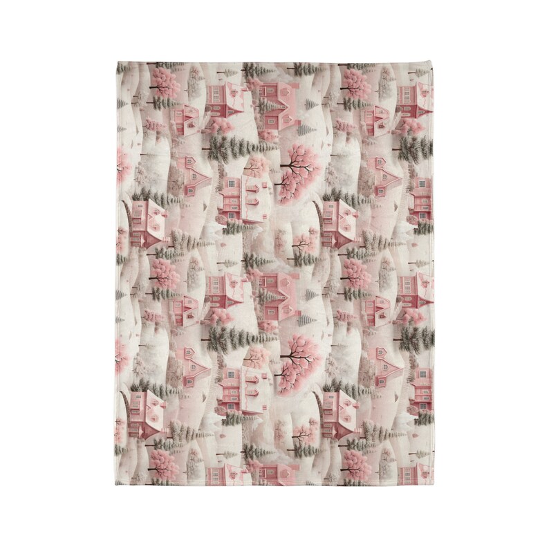 Pretty Pastel Pink Christmas Snow Village Scene Blanket, Minky Blanket, Cozy Holiday Gift, Winter Forest Town, Super Soft Seasonal Decor image 8