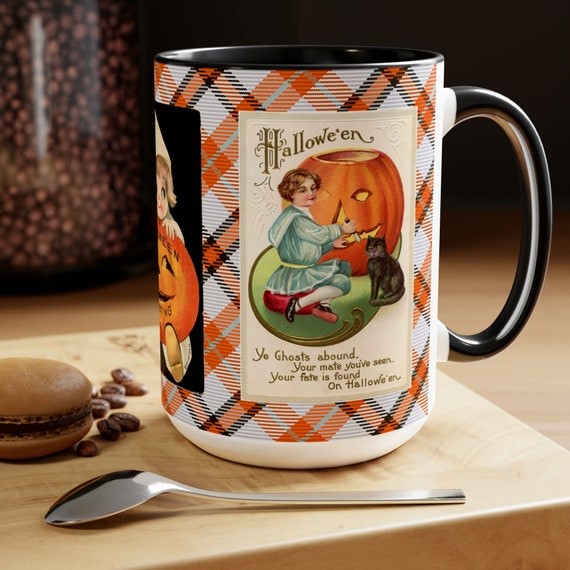 Halloween Mug with Cute Vintage Witch on 15oz Mug, Retro Graphics, Halloween Desk Decor, Trick-or-Treat Cup, Hot Cocoa, Coffee, Tea Mug Gift