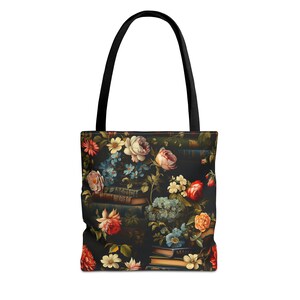Book Lover Tote Bag, Roses and Flowers Adorning Stacks of Books, Dark Academia Vibes, 3 Sizes, Homework Book Bag, Multi-Use Shopping Tote image 5