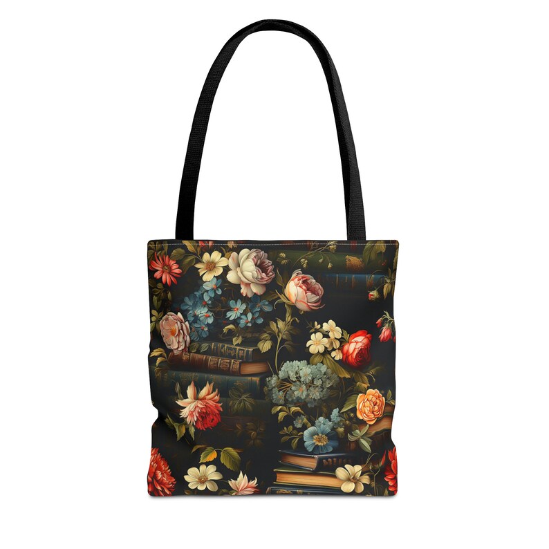 Book Lover Tote Bag, Roses and Flowers Adorning Stacks of Books, Dark Academia Vibes, 3 Sizes, Homework Book Bag, Multi-Use Shopping Tote image 5