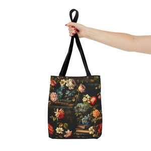 Book Lover Tote Bag, Roses and Flowers Adorning Stacks of Books, Dark Academia Vibes, 3 Sizes, Homework Book Bag, Multi-Use Shopping Tote image 8