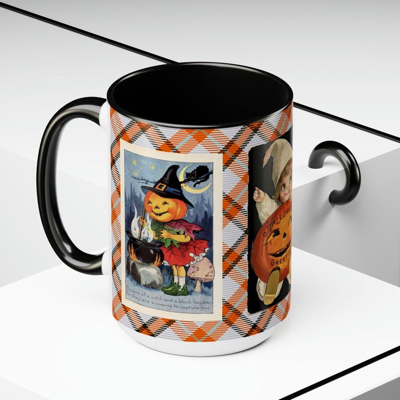 Halloween Mug with Cute Vintage Witch on 15oz Mug, Retro Graphics, Halloween Desk Decor, Trick-or-Treat Cup, Hot Cocoa, Coffee, Tea Mug Gift image 5