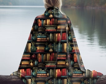 Book Lover Blanket,Dark Background Minky Plush, Stacks of Old Books w/Glass Bottles, Moody Dark Library Vibe, Academia Aesthetic, England UK