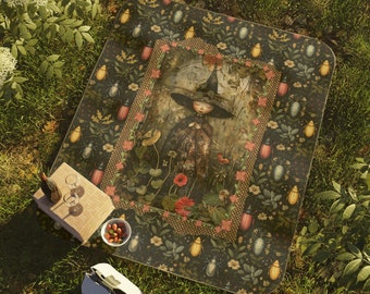 Forest Fairy Witch Picnic Blanket, Water Resistant, Easy Carry Strap Handle, Beetles, Floral, Cottagecore, Dark Academia, Outdoor Blanket