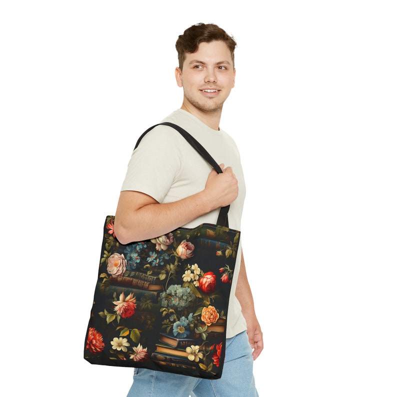 Book Lover Tote Bag, Roses and Flowers Adorning Stacks of Books, Dark Academia Vibes, 3 Sizes, Homework Book Bag, Multi-Use Shopping Tote image 4