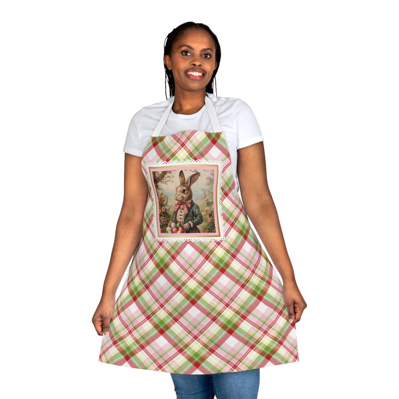 Easter Apron in Cute Plaid, Peter Rabbit-like Bunny W/painted Eggs ...