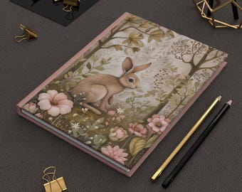Personalized Bunny Rabbit Journal, Nature Lover Forest Notebook, Flowers, Lined Pages, Custom Title or Name Tag, Woodland Animals, Easy Gift