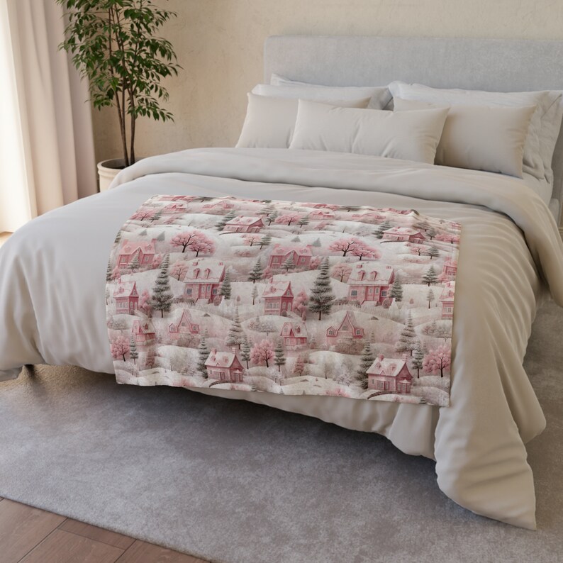 Pretty Pastel Pink Christmas Snow Village Scene Blanket, Minky Blanket, Cozy Holiday Gift, Winter Forest Town, Super Soft Seasonal Decor image 4
