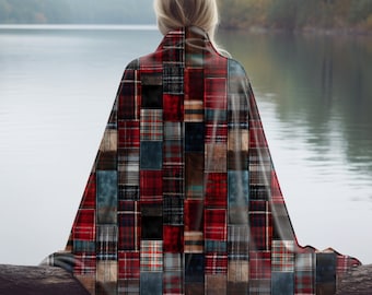Plaid Flannel Patchwork Quilt Print in Reds and Blues on Super Soft Minky Plush Blanket, Casual, Cozy Farmhouse Vibe Home Décor, Year Round