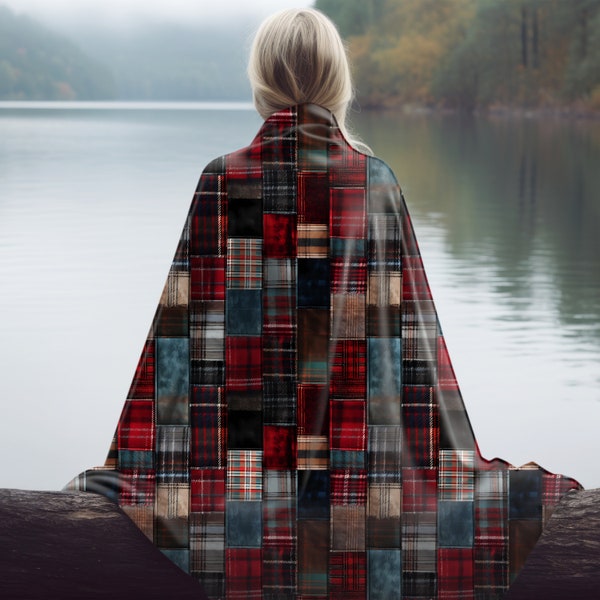 Karierter Flanell Patchwork Quilt Druck in Rot- und Blautönen auf super weicher Minky Plüsch Decke, lässiges, gemütliches Bauernhaus Vibe Wohndekor, das ganze Jahr über