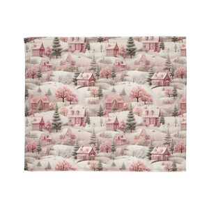 Pretty Pastel Pink Christmas Snow Village Scene Blanket, Minky Blanket, Cozy Holiday Gift, Winter Forest Town, Super Soft Seasonal Decor image 10