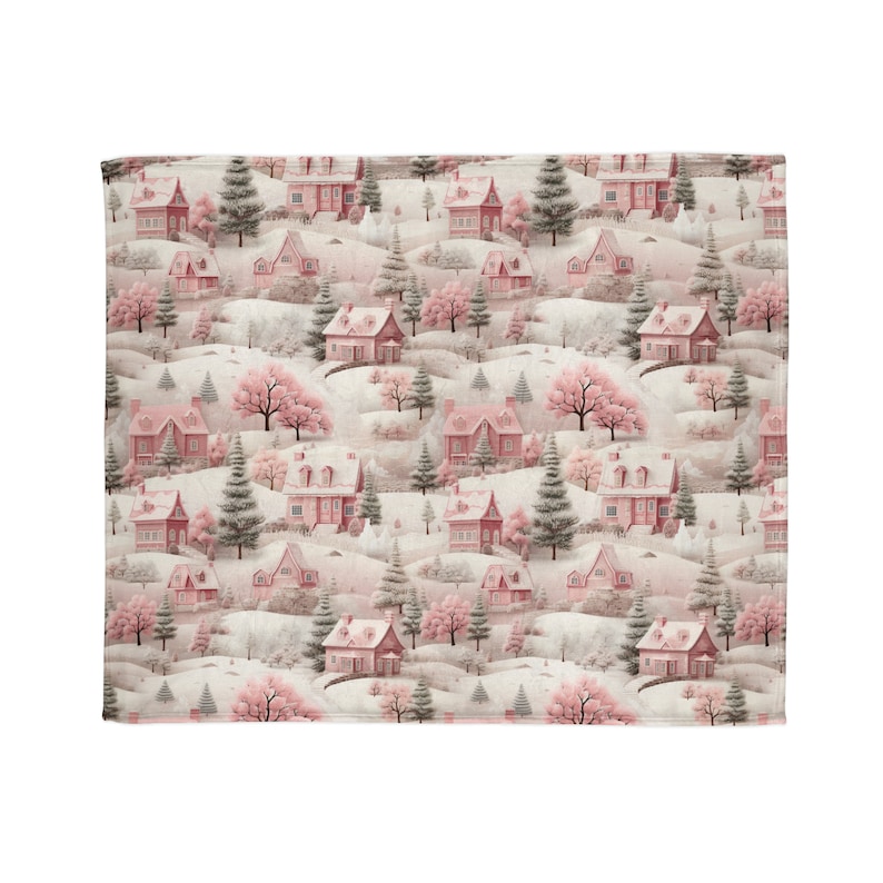 Pretty Pastel Pink Christmas Snow Village Scene Blanket, Minky Blanket, Cozy Holiday Gift, Winter Forest Town, Super Soft Seasonal Decor image 10