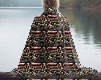Book Lover Blanket, Pretty Wildflowers, Black Background/ Minky Plush, Bookish Reading Blanket, Romantic Reader Gift, Dark Cottagecore Gift