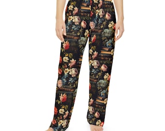 Pyjamabroek Book Lover - bloemenrozen, donkere Academia Aesthetic Loungebroek, comfortabele loungewear, pyjamabroek met leesliteratuurthema, cadeau voor haar