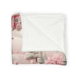 Pretty Pastel Pink Christmas Snow Village Scene Blanket, Minky Blanket, Cozy Holiday Gift, Winter Forest Town, Super Soft Seasonal Decor image 3