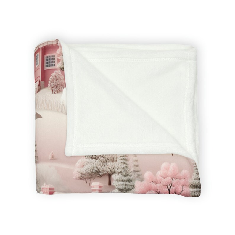 Pretty Pastel Pink Christmas Snow Village Scene Blanket, Minky Blanket, Cozy Holiday Gift, Winter Forest Town, Super Soft Seasonal Decor image 3