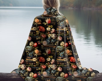 Floral Book Lover Blanket, Black Background on Minky Plush, Stacks of Books, Roses, Moody, Cozy Dark Library Vibe, Dark Academia Gift