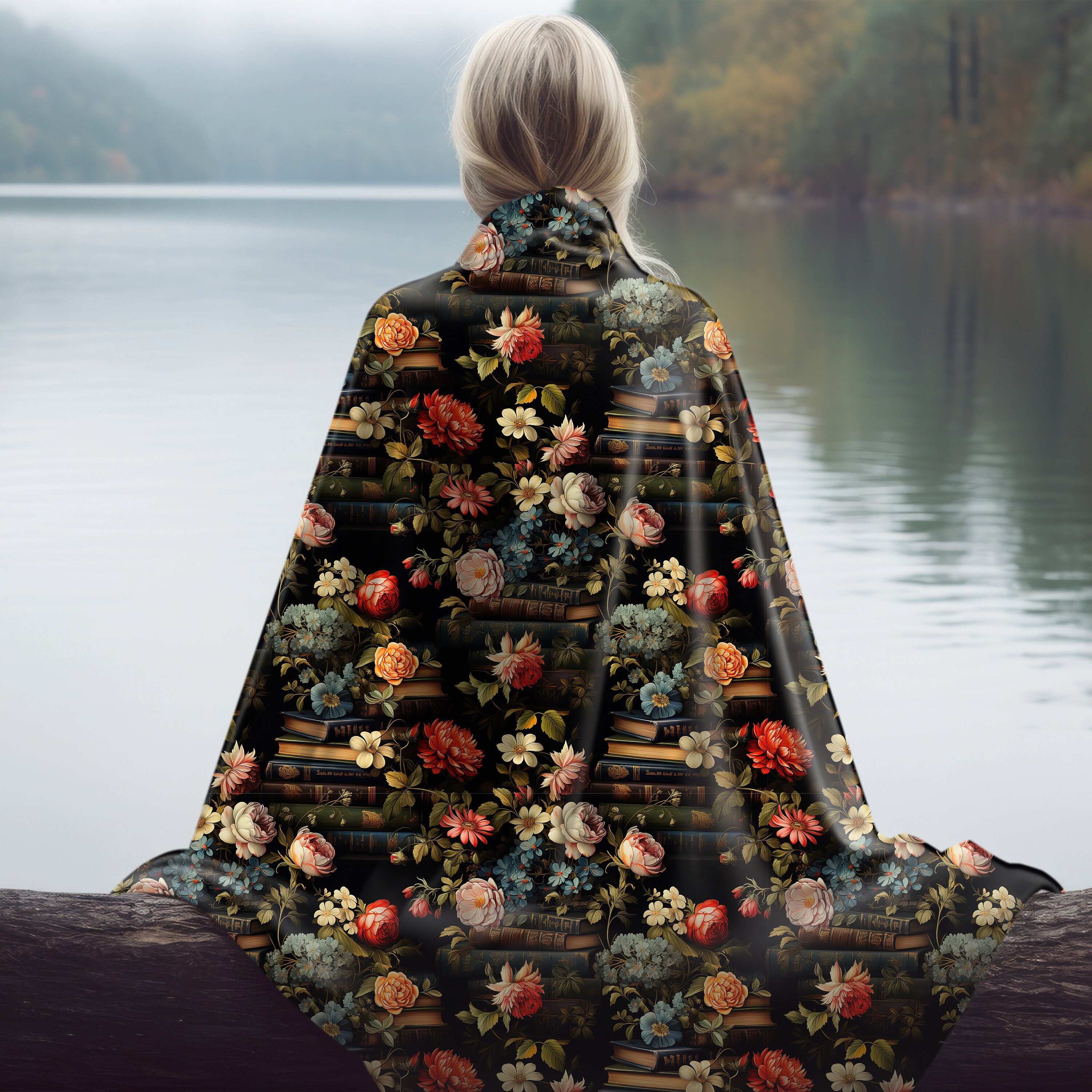 Floral Book Lover Blanket, Black Background on Minky Plush, Stacks of Books, Roses, Moody, Cozy Dark Library Vibe, Dark Academia Gift