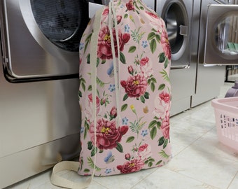 Floral Laundry Bag, Rose & Wildflowers, Soft Pink Background, Butterflies, 2 Sizes, Shabby Chic Hamper, Cottagecore Laundry Bag, Pretty Gift