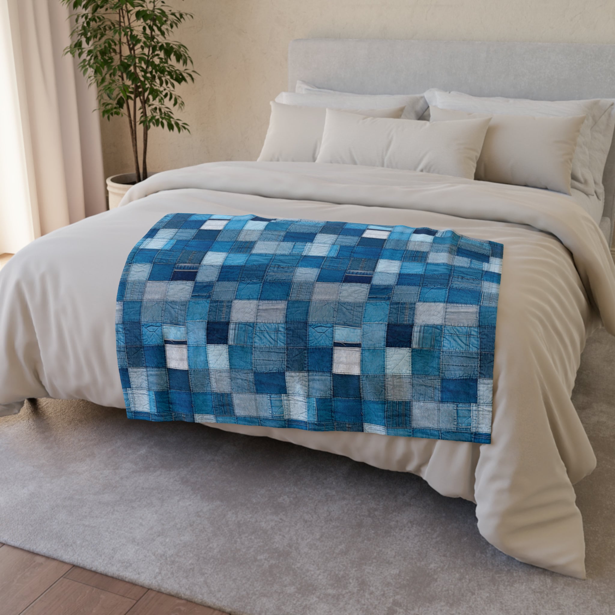 Denim Patchwork Quilt Print on Super Soft Minky, Plush Blanket, Casual ...