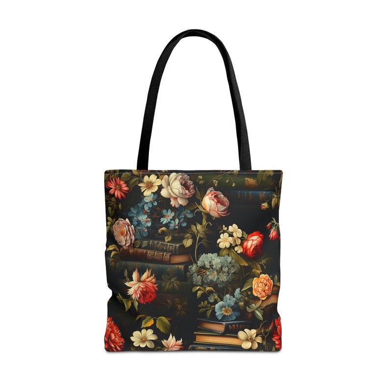 Book Lover Tote Bag, Roses and Flowers Adorning Stacks of Books, Dark Academia Vibes, 3 Sizes, Homework Book Bag, Multi-Use Shopping Tote image 2