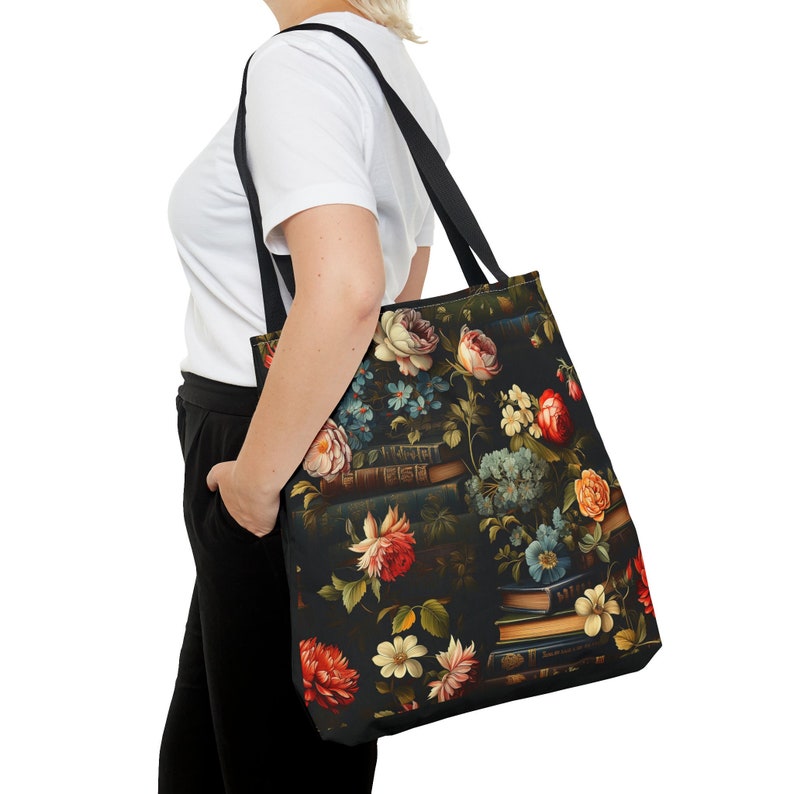 Book Lover Tote Bag, Roses and Flowers Adorning Stacks of Books, Dark Academia Vibes, 3 Sizes, Homework Book Bag, Multi-Use Shopping Tote image 1