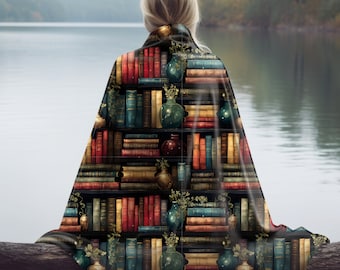 Book Lover Blanket, Dark Background on Minky Plush, Stacks of Old Books w/Glass Bottles, Moody Dark Library Vibe, Academia Aesthetic, Gift