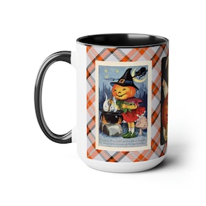 Halloween Mug with Cute Vintage Witch on 15oz Mug, Retro Graphics, Halloween Desk Decor, Trick-or-Treat Cup, Hot Cocoa, Coffee, Tea Mug Gift image 2