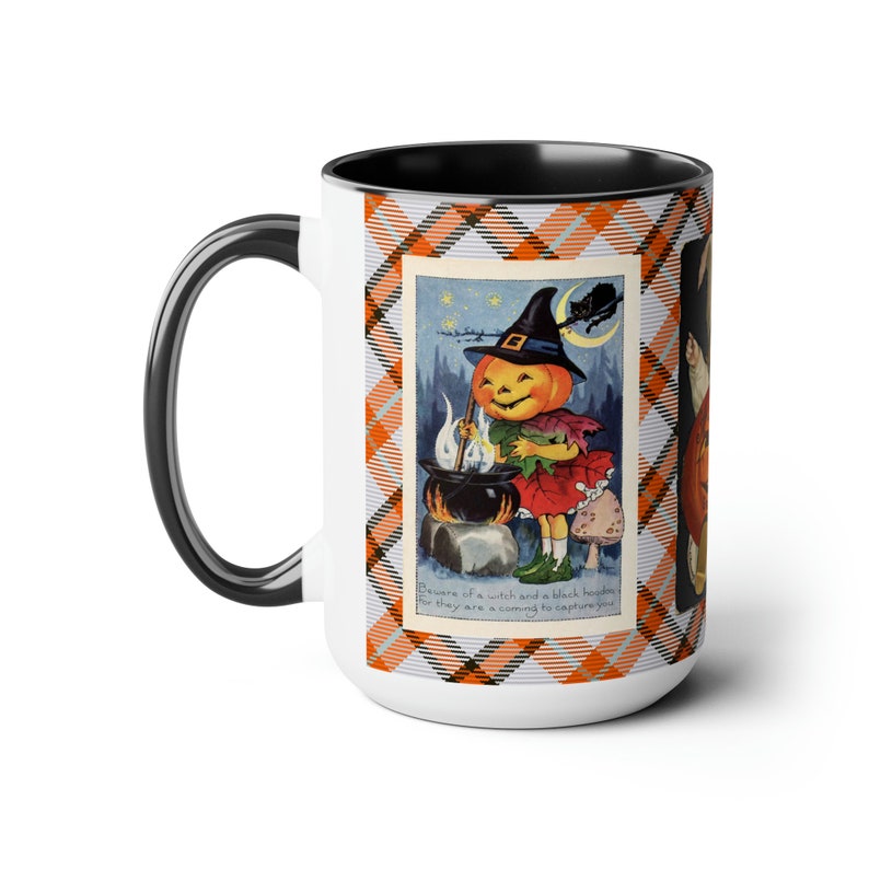 Halloween Mug with Cute Vintage Witch on 15oz Mug, Retro Graphics, Halloween Desk Decor, Trick-or-Treat Cup, Hot Cocoa, Coffee, Tea Mug Gift image 2