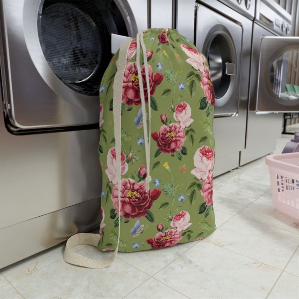 Floral Laundry Bag, Rose & Wildflowers, Apple Green Background, Butterflies, 2 Sizes, Pretty Rose Hamper, Cottagecore Laundry Bag, Gift