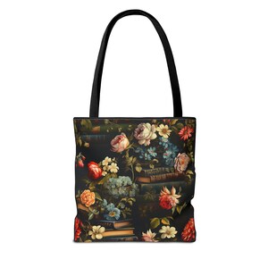 Book Lover Tote Bag, Roses and Flowers Adorning Stacks of Books, Dark Academia Vibes, 3 Sizes, Homework Book Bag, Multi-Use Shopping Tote image 6