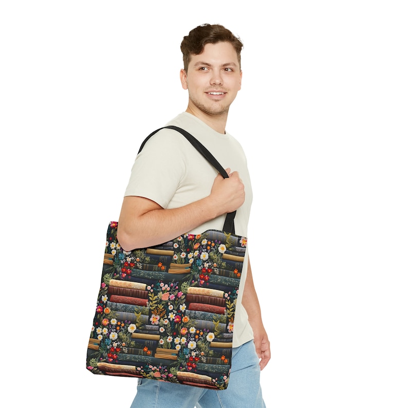 Torba typu tote dla miłośników książek z grafiką dzikich kwiatów, haftowanymi kwiatami na książkach, 3 rozmiary, torba na książki do nauki, wielofunkcyjna torba na zakupy zdjęcie 4