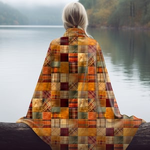 Pretty Fall Colors Patchwork Quilt Print on Super Soft Minky, Plush Blanket, Autumn Home Décor, Farmhouse, Halloween Fall Vibe, Cozy Gift