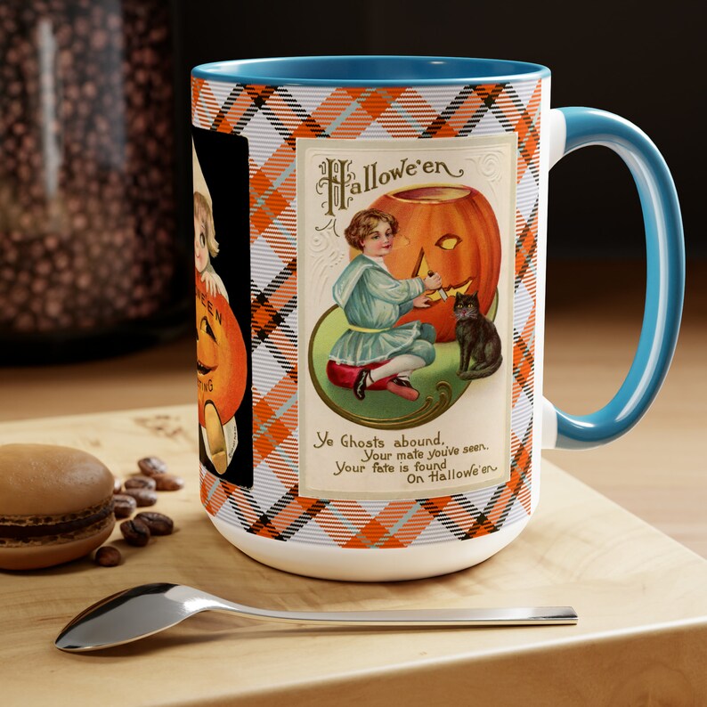 Halloween Mug with Cute Vintage Witch on 15oz Mug, Retro Graphics, Halloween Desk Decor, Trick-or-Treat Cup, Hot Cocoa, Coffee, Tea Mug Gift image 9