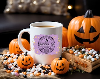 Witches Brew Coffee Co Mug, Stirring Up Trouble Since 1692, Lavender/Black With Pretty Gold Stars, Halloween Desk Decor, Coffee Lover Gift
